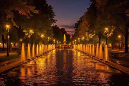 city park with illuminated fountains, created with generative aiの素材