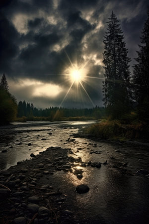 sun rays peeking through dark, moody clouds, created with generative aiの素材