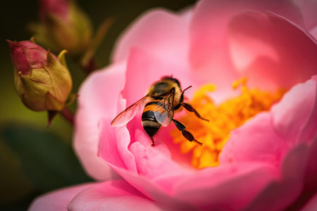 macro shot of bumblebee pollinating rose bloom, created with generative aiの素材