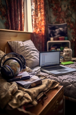 laptop, headphones, and study notes on bed, created with generative aiの素材