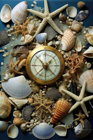 nautical compass surrounded by seashells, created with generative aiの素材