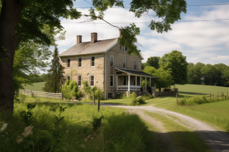 farmhouse with view of rolling fields, surrounded by lush greenery, created with generative aiの素材