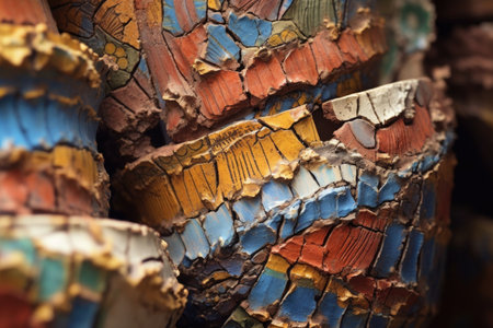 close-up of intricately painted ancient pottery shards, created with generative aiの素材