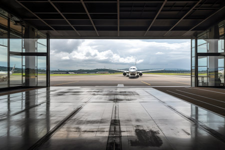 empty airport terminal, with view of the runway, and a plane taxiing towards take-off, created with generative aiの素材