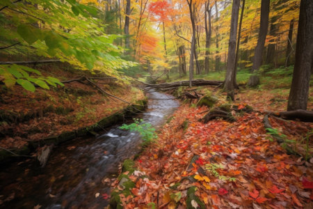 forest trail with clear, babbling brook and colorful foliage, created with generative aiの素材