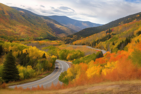 majestic mountains with vibrant autumn foliage, seen from winding road, created with generative aiの素材