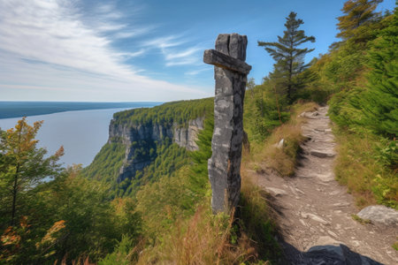 trail markers pointing the way past the edge of a cliff, with breathtaking views below, created with generative aiの素材