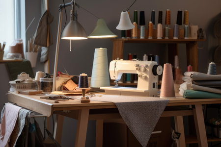 sewing and fabric projects in a studio setting, with sewing machine and tools nearby, created with generative aiの素材