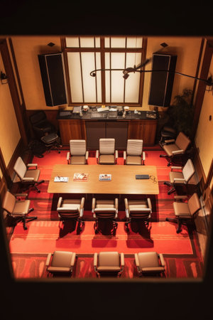 overhead view of conference room with chairs and projector, created with generative aiの素材