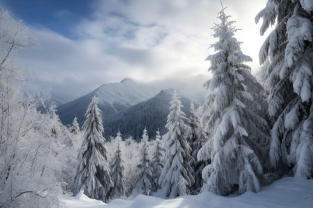 winter wonderland with snow-covered trees and mountains in the background, created with generative aiの素材