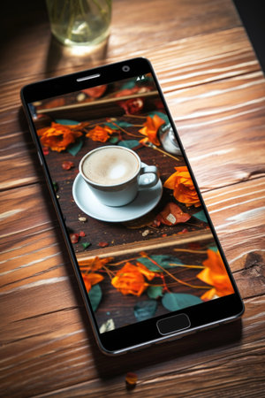 close-up of smartphone on wooden table with coffee, created with generative aiの素材