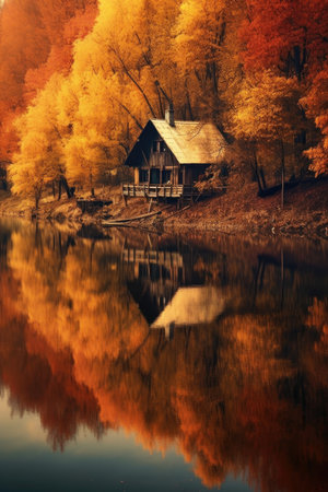reflection of autumn colors on a lake, created with generative aiの素材