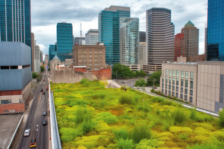 green roof with view of a bustling city, complete with tall buildings and busy streets, created with generative aiの素材