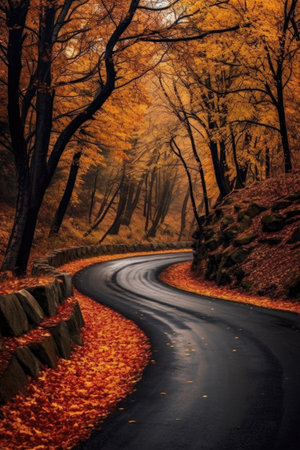 a winding road surrounded by fall foliage, created with generative aiの素材