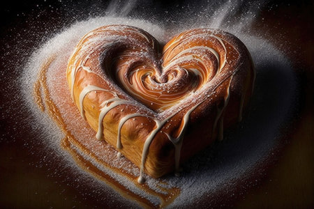 beautiful heart-shaped cinnamon roll with drizzle of icing and sprinkling of powdered sugar, created with generative aiの素材