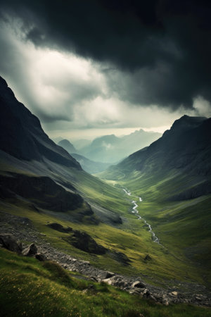dramatic storm clouds rolling over mountain range, created with generative aiの素材