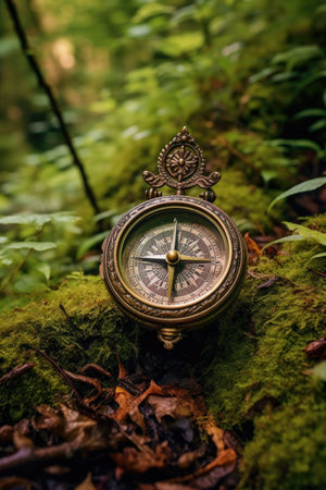 compass on a hiking trail surrounded by nature, created with generative aiの素材