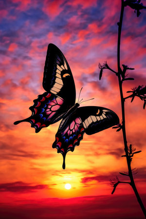 butterfly silhouette against a bright sunset sky, created with generative aiの素材