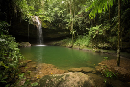 majestic waterfall pouring into crystal-clear swimming hole, surrounded by lush greenery, created with generative aiの素材