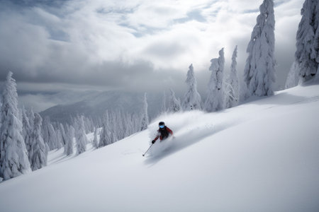 winter scene with skier carving through snowy mountain range, created with generative aiの素材