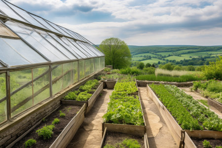 greenhouse with view of rolling hills and stone fences, created with generative aiの素材