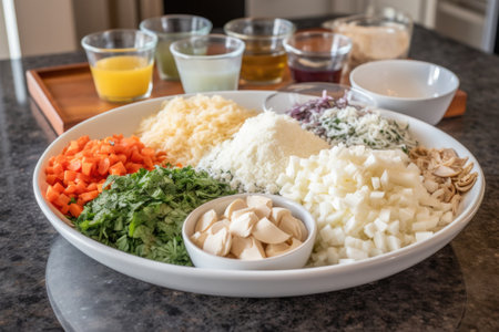 a plate with deconstructed recipe ingredients, ready for mixing and cooking, created with generative aiの素材