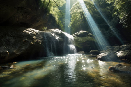sunbeams dappling the surface of a crystal-clear waterfall, created with generative aiの素材