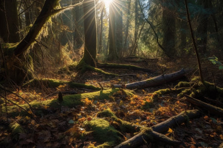 forest floor covered in fallen leaves and twigs, with rays of light shining through the trees, created with generative aiの素材