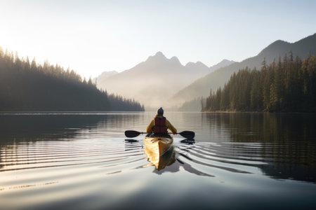 person, paddling kayak through calm lake, with view of the surrounding mountains visible in the background, created with generative aiの素材