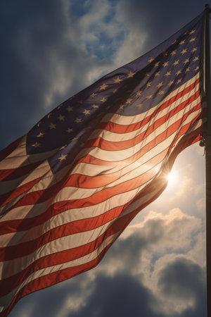 american flag illuminated by sun rays during sunrise, created with generative aiの素材
