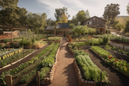 edible landscape with fruit trees and vegetable gardens, surrounded by natural habitat, created with generative aiの素材