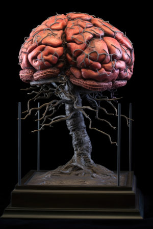 close-up of a human brain model on a dark background, created with generative aiの素材