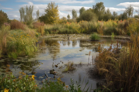 wetland ecosystem, with various plants and animals coexisting in harmony, created with generative aiの素材
