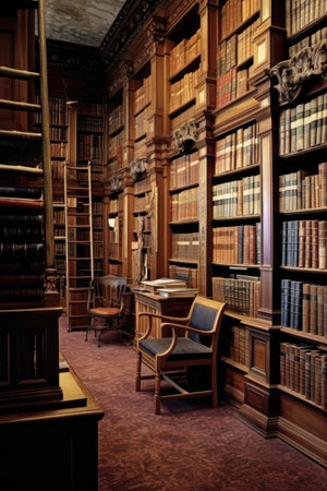 law books stacked in a library setting, created with generative aiの素材