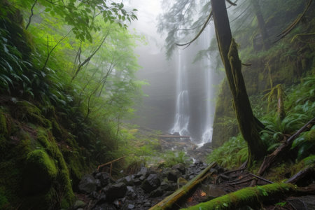 cascading waterfall in misty forest with towering trees, created with generative aiの素材