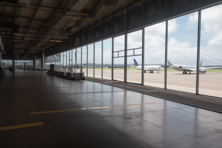 empty terminal with view of the tarmac, showcasing bustling airport in the background, created with generative aiの素材