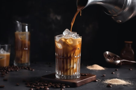 refreshing iced coffee drink with drizzle of caramel and sprinkle of salt, created with generative aiの素材