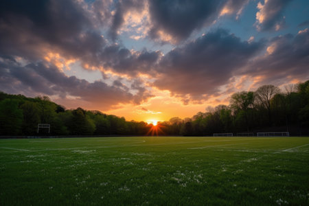 stunning sunset over athletic field, with the sun setting behind a horizon of clouds, created with generative aiの素材