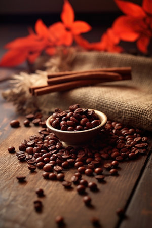 close-up of coffee beans on a rustic wooden table, created with generative aiの素材