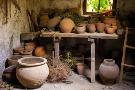 old pottery wheel with unfinished clay pot, created with generative aiの素材