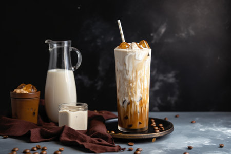 a delicious iced coffee with a splash of vanilla and swirls of hazelnut, created with generative aiの素材