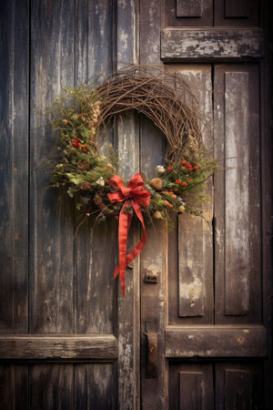christmas wreath on a rustic wooden door, created with generative aiの素材