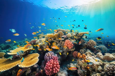 school of tropical fish swimming in formation among colorful coral reef, created with generative aiの素材