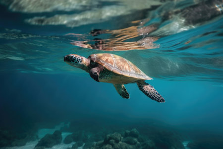 sea turtle swimming in clear blue water, its fins and flippers moving smoothly, created with generative aiの素材