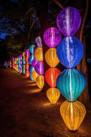 colorful paper lanterns glowing at night, created with generative aiの素材