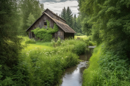 rustic barn surrounded by lush greenery and running stream, created with generative aiの素材