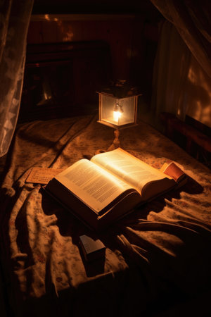 top view of an open book with a warm reading light, created with generative aiの素材