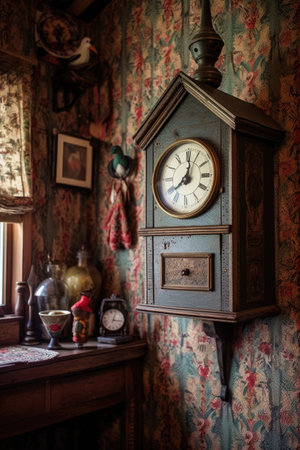 antique cuckoo clock hanging on a patterned wall, created with generative aiの素材