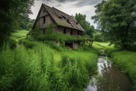 rustic barn with stream, surrounded by lush greenery, created with generative aiの素材