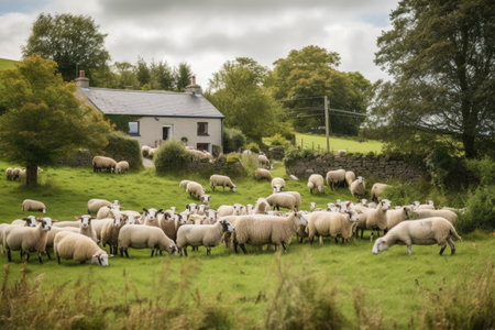 rural setting with flock of sheep grazing in the foreground, created with generative aiの素材